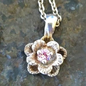 Vintage Sophia Fiori Sterling Silver Pink Zircon Flower Pendant Necklace
